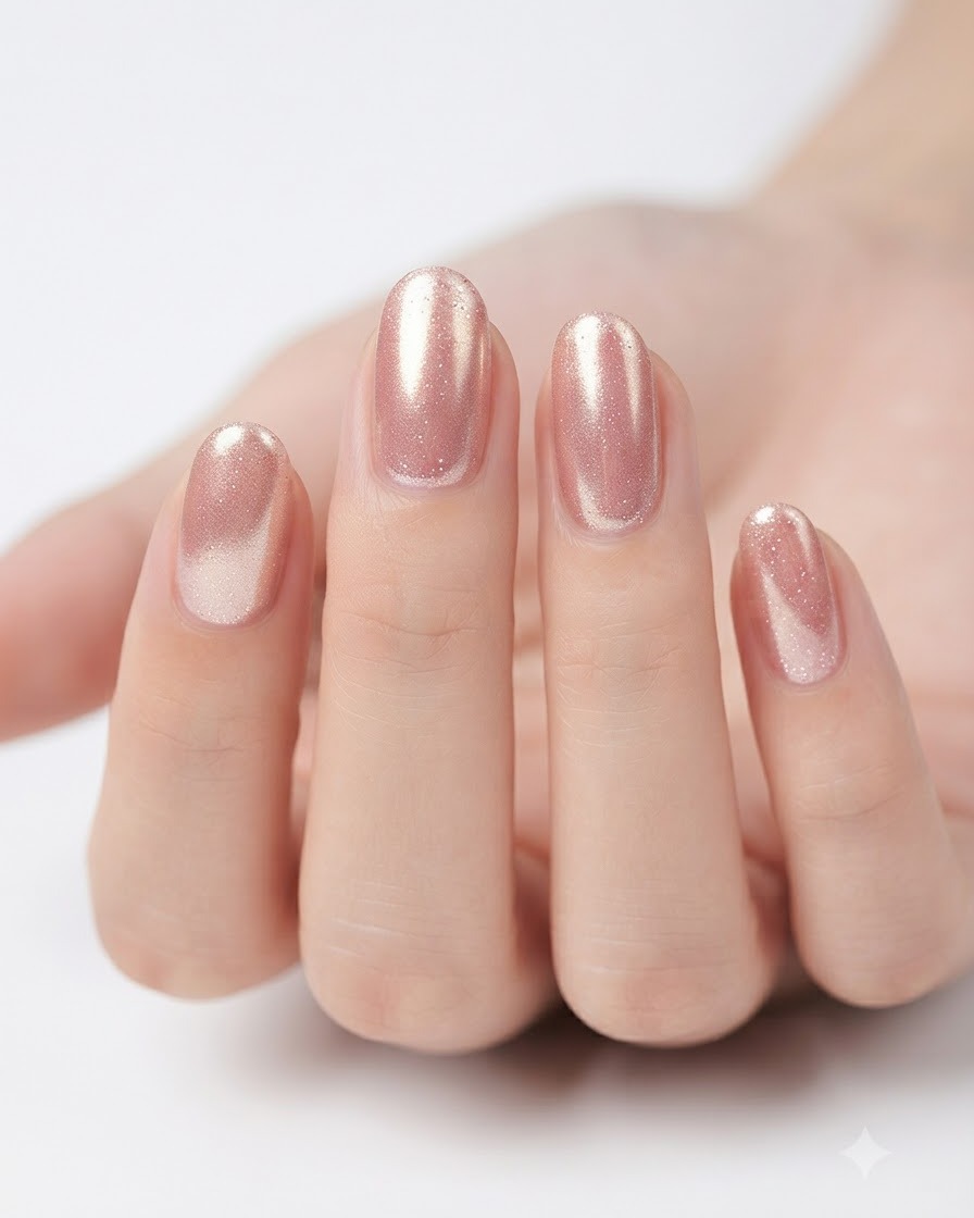 Un pincel de manicura aplicando color gel rosa translúcido de manera uniforme sobre la superficie de la uña.