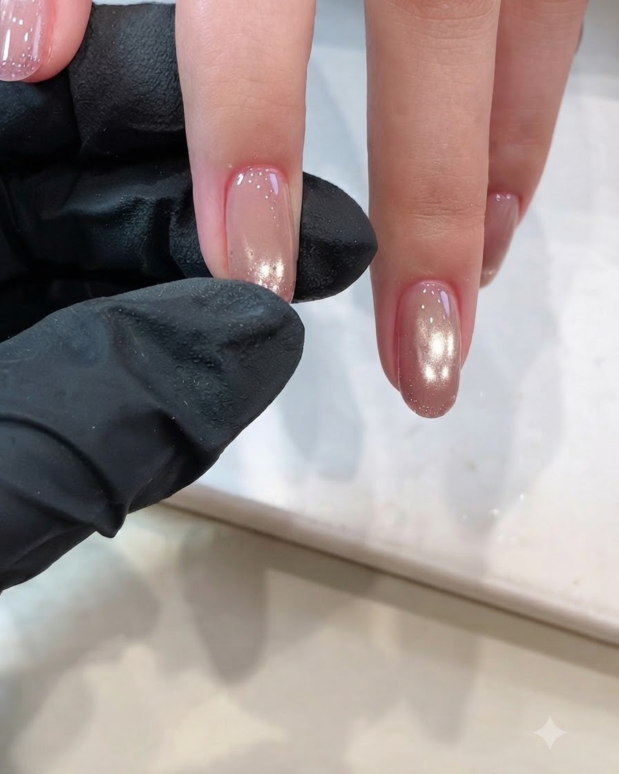 Aplicando esmalte en gel magnético cat eye sobre el color base para lograr el efecto aurora.