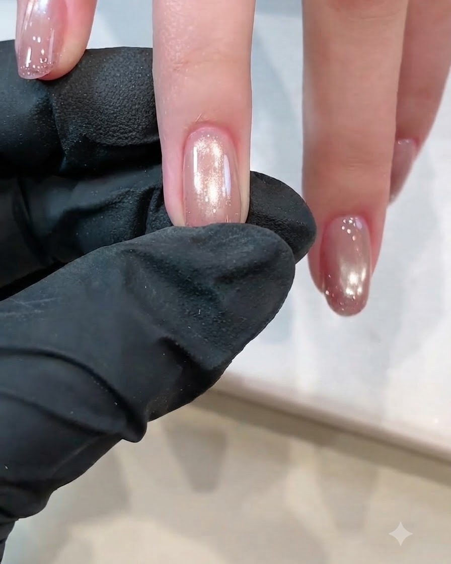 Una herramienta magnética sostenida cerca de la uña para concentrar las partículas del cat eye en una franja luminosa.