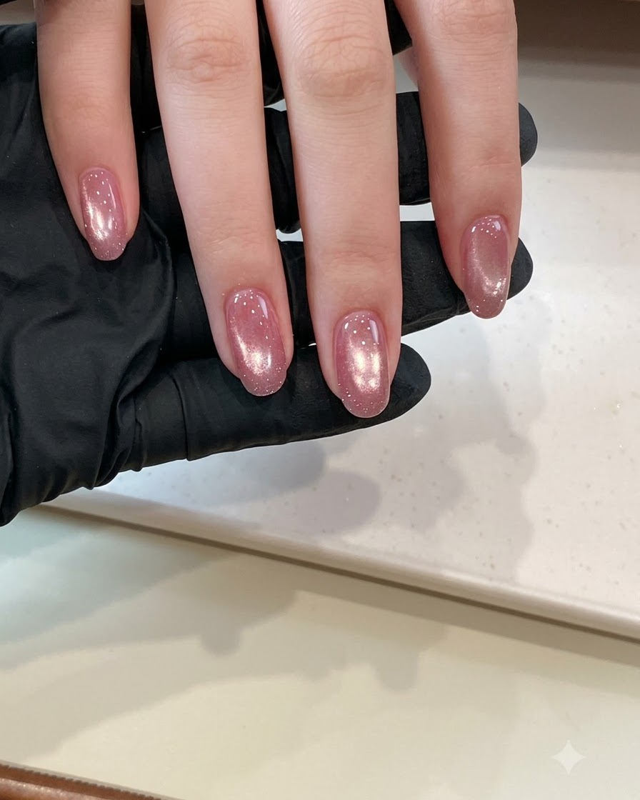 Primer plano de una mano dando ligeros toques con purpurina iridiscente efecto hielo triturado en el centro y borde libre de una uña de gel rosa.