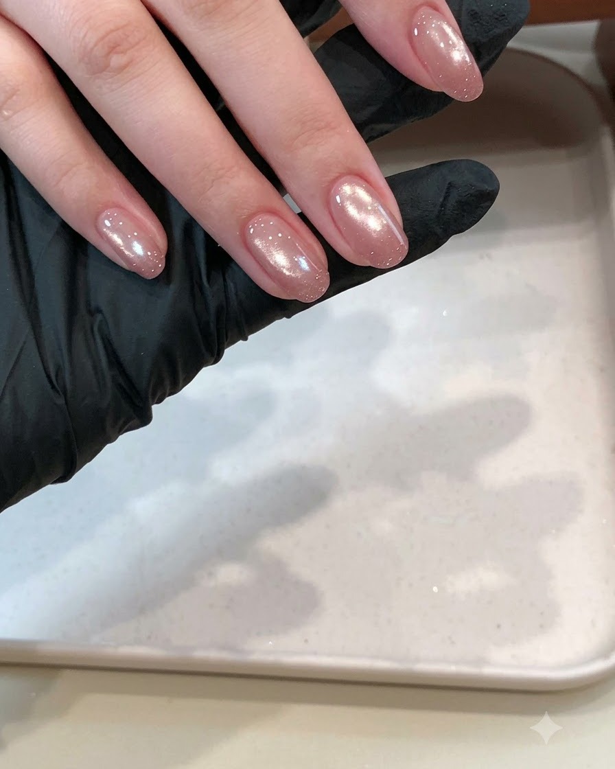 Un pincel de uñas deslizando una capa gruesa y brillante de top coat sobre un diseño con textura de purpurina antes de curarlo bajo la lámpara.