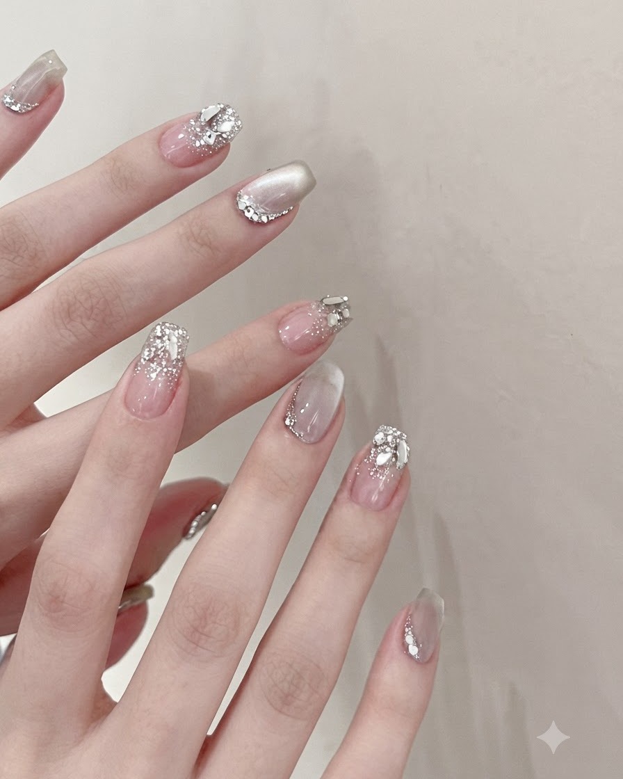 Un pincel de esmalte en gel aplicando un gel traslúcido y brillante de ojo de gato moonlight sobre una uña cuadrada natural.