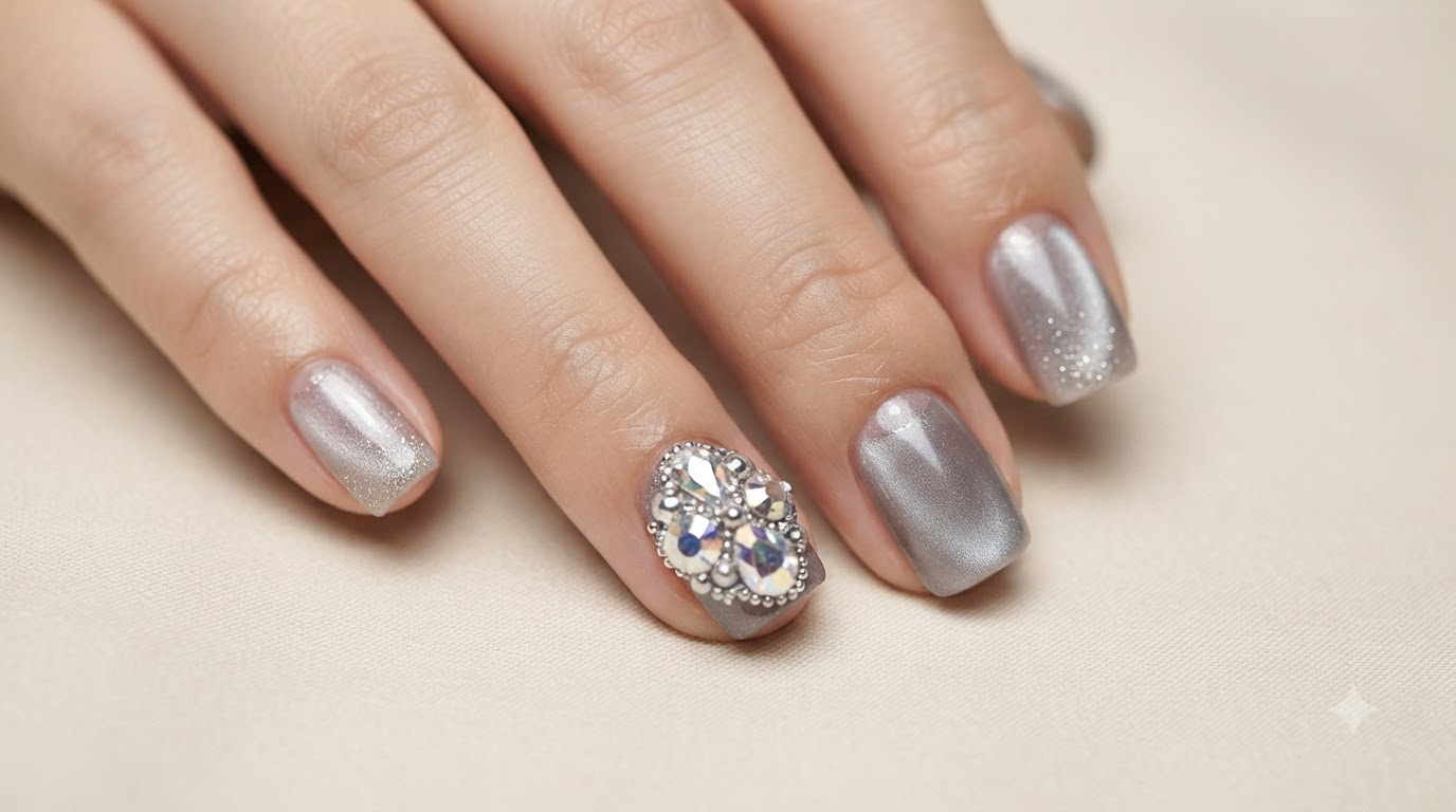 Uñas de Ojo de Gato Moonlight con Cristales y Pedrería — Tutorial Paso a Paso