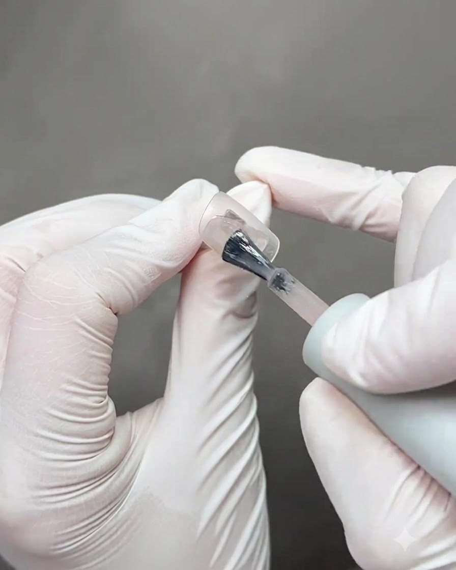 Uñas colocadas bajo una lámpara de curado después de finalizar el tercer trazo de cinta de ojo de gato.
