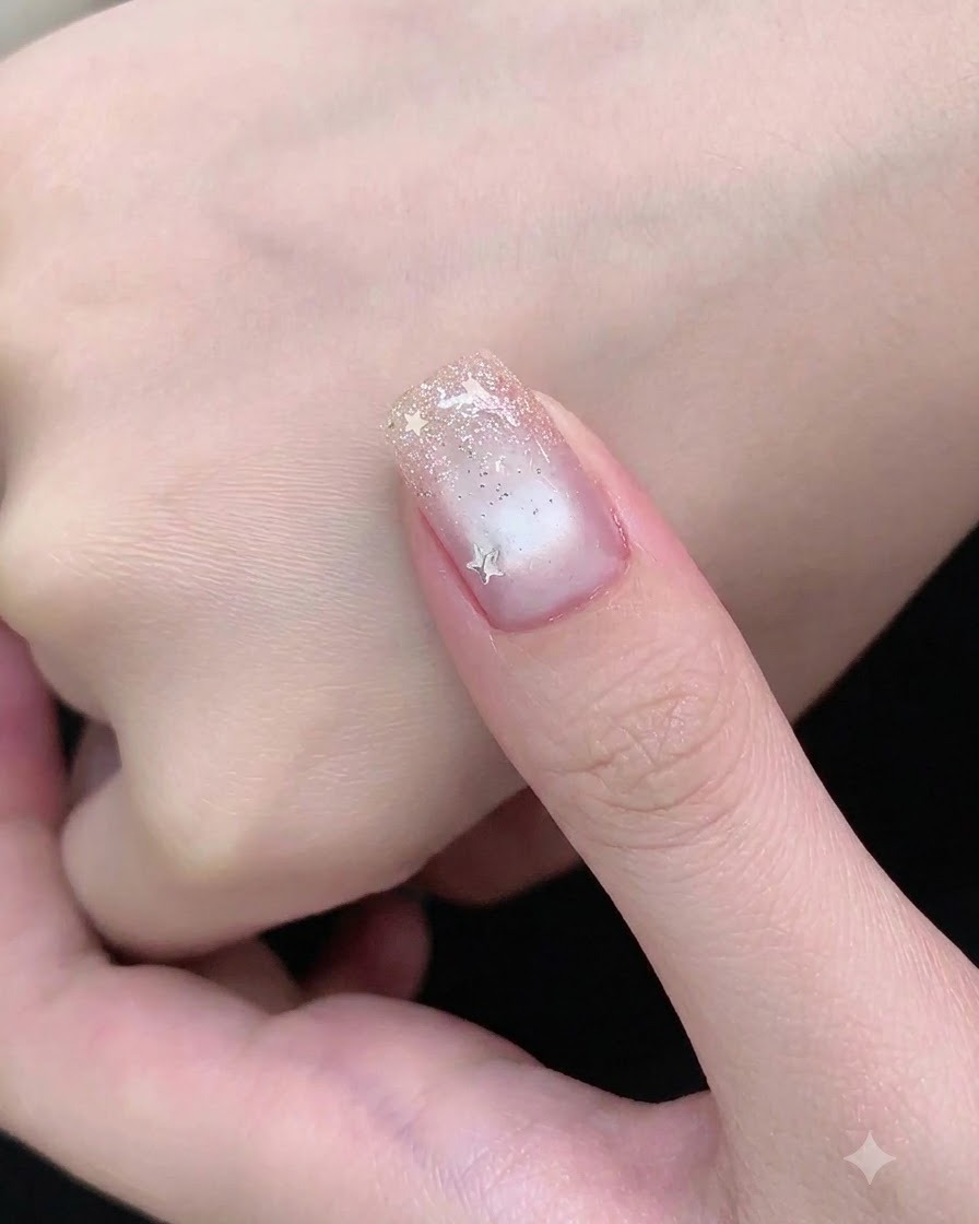 Un pincel aplicando una capa base de gel transparente a la superficie de una uña natural preparada.