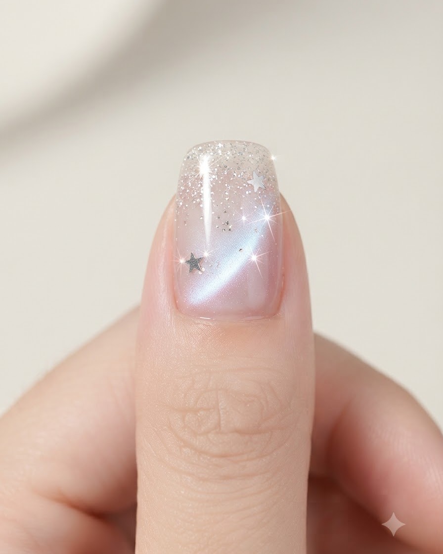 Un par de pinzas colocando pequeñas piezas de brillo de estrella plateada en una uña decorada pintada con gel.