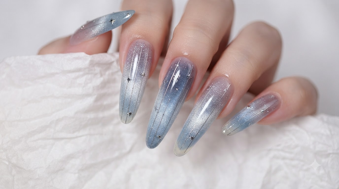 Uñas de Ojo de Gato Estrelladas de Verano — Degradado Azul y Arte Estelar