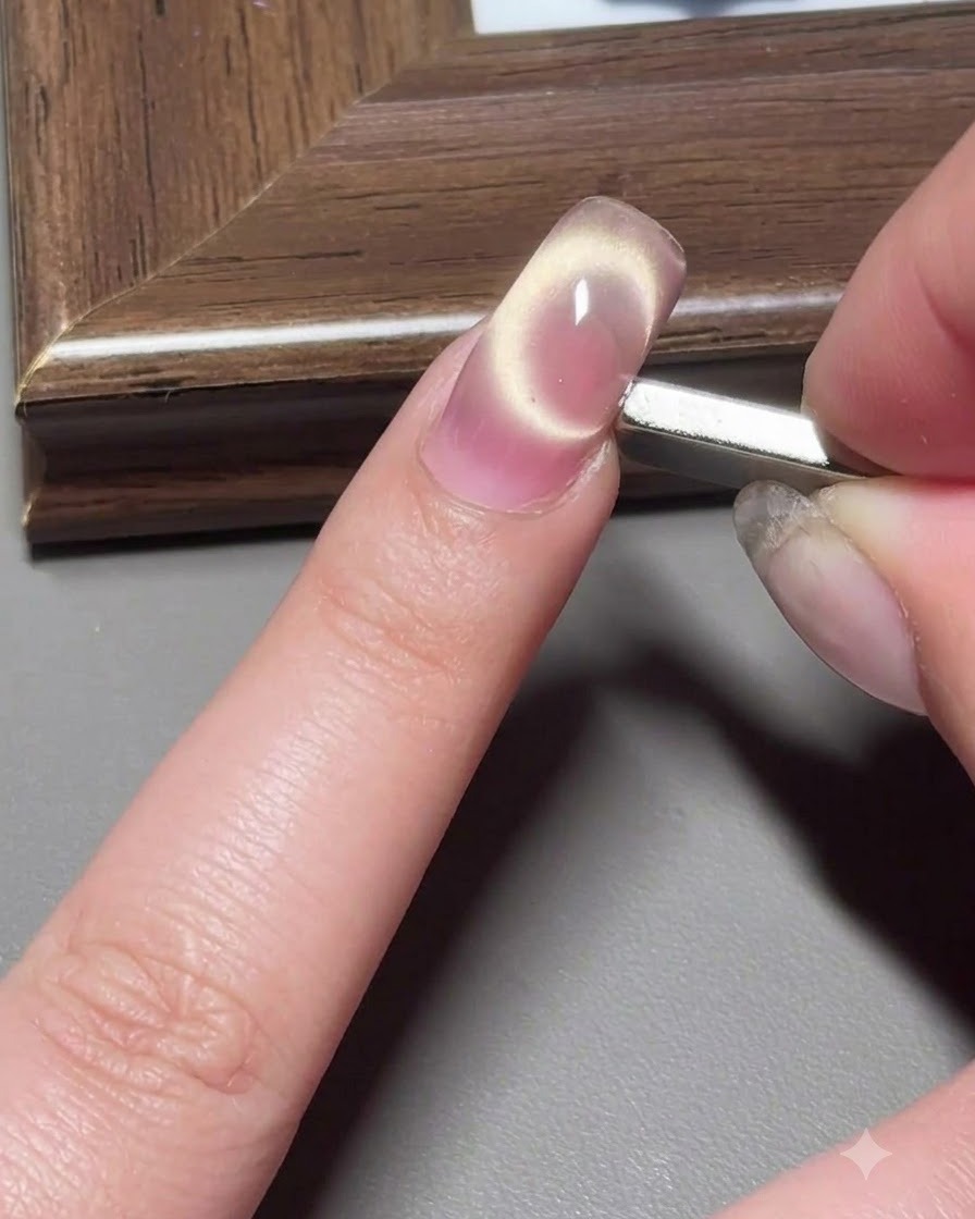 Un pincel aplicando una capa de gel cat-eye rosado sobre una uña larga.