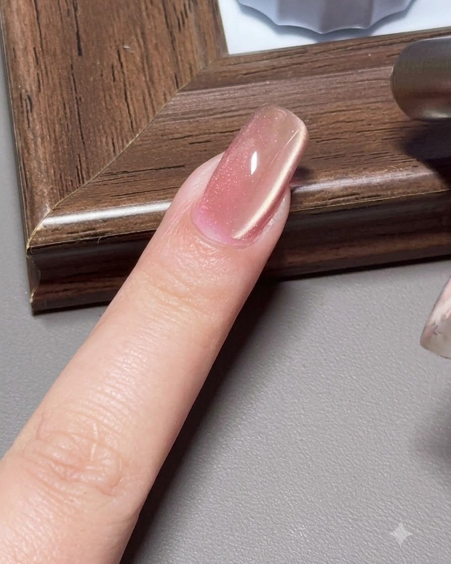 Un imán cilíndrico sostenido cerca del lateral de una uña de gel cat-eye para crear un brillo de luz lateral.