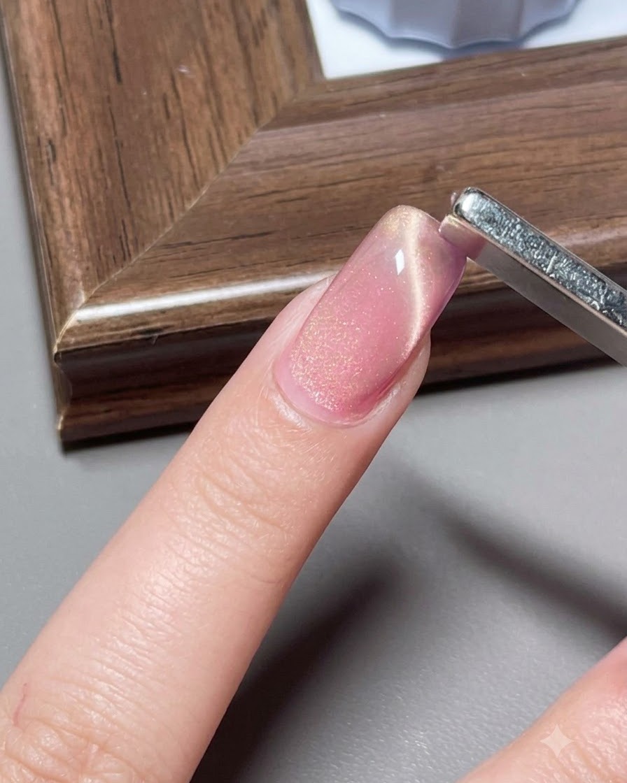 Una herramienta magnética ancha sostenida en posición vertical cerca de una uña de gel cat-eye rosada para formar una línea central brillante.