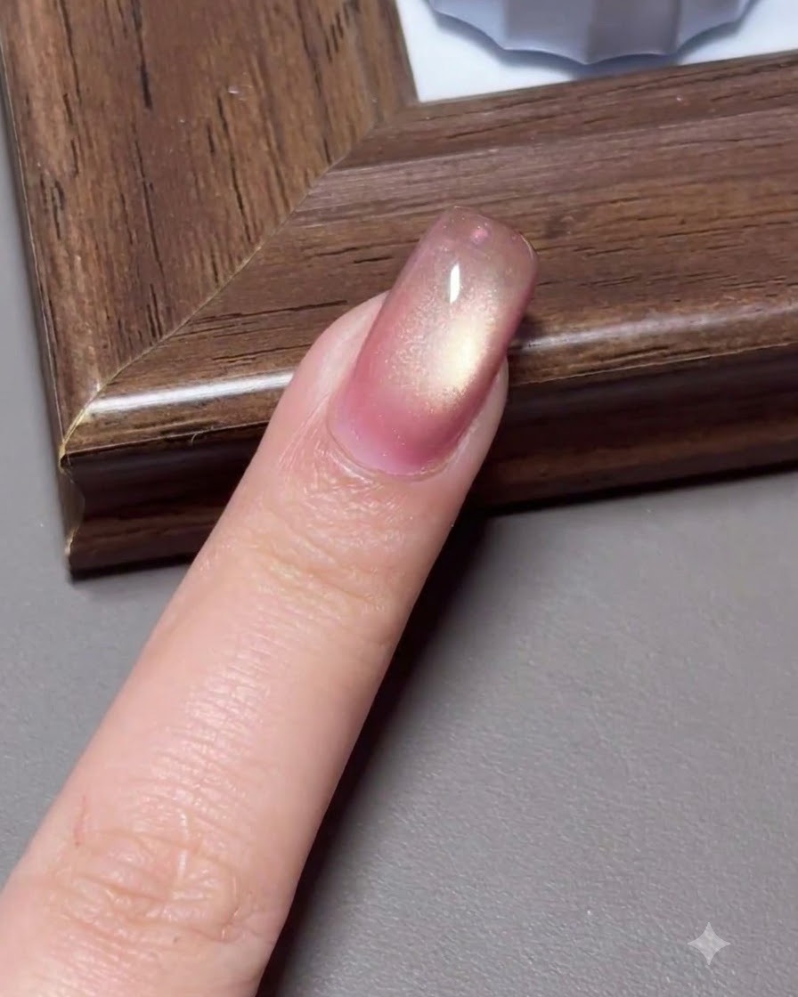 Una uña terminada con una reflexión de luz cat-eye tridimensional en forma de bola de cristal.
