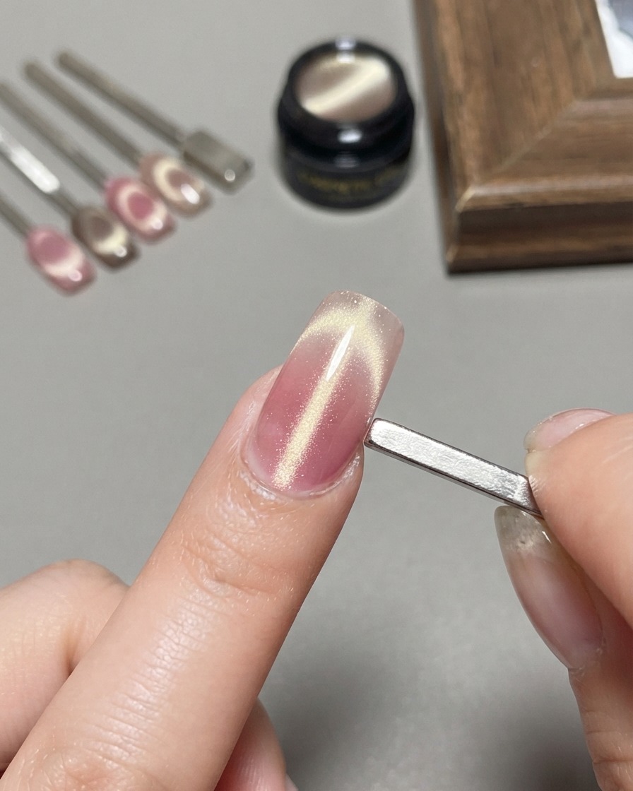 Un imán ancho sostenido plano y vertical contra el lateral de una uña que muestra un efecto cat-eye de onda de luz.