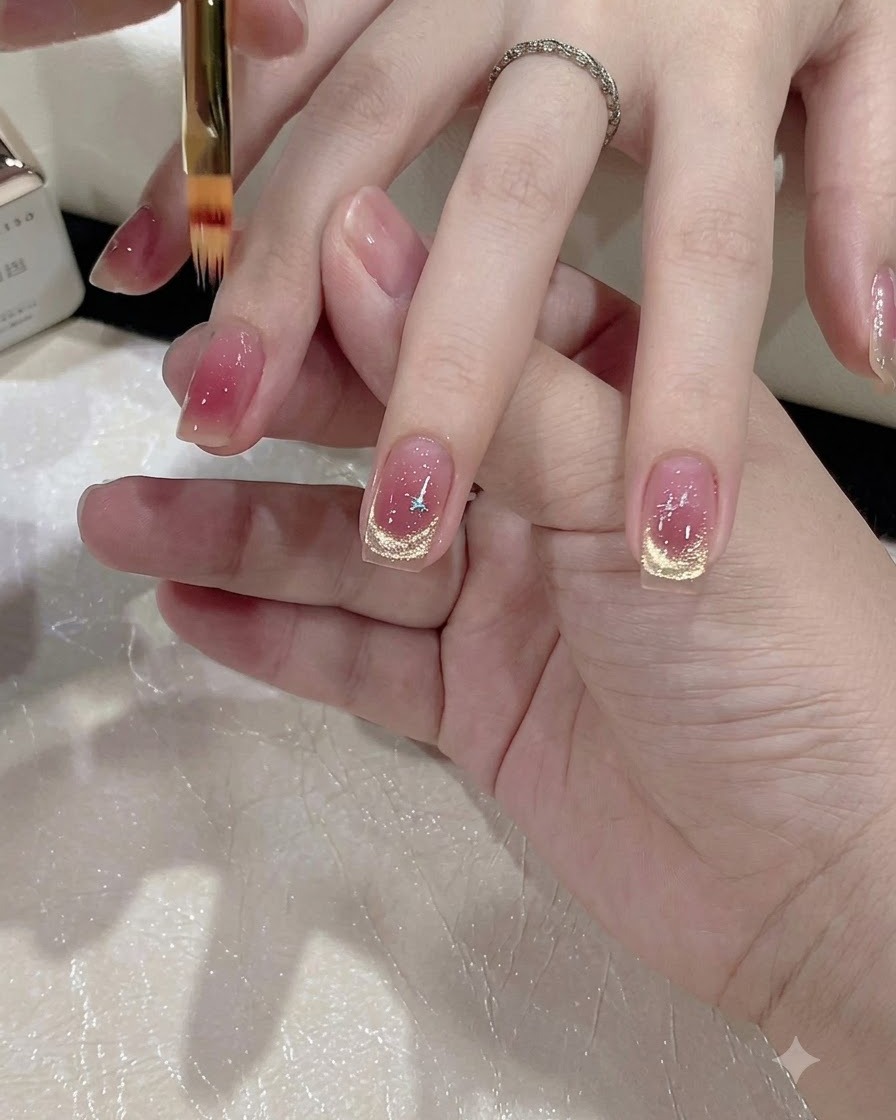 Un pincel de detalle fino refinando los bordes de un diseño de uñas con degradado rosa.