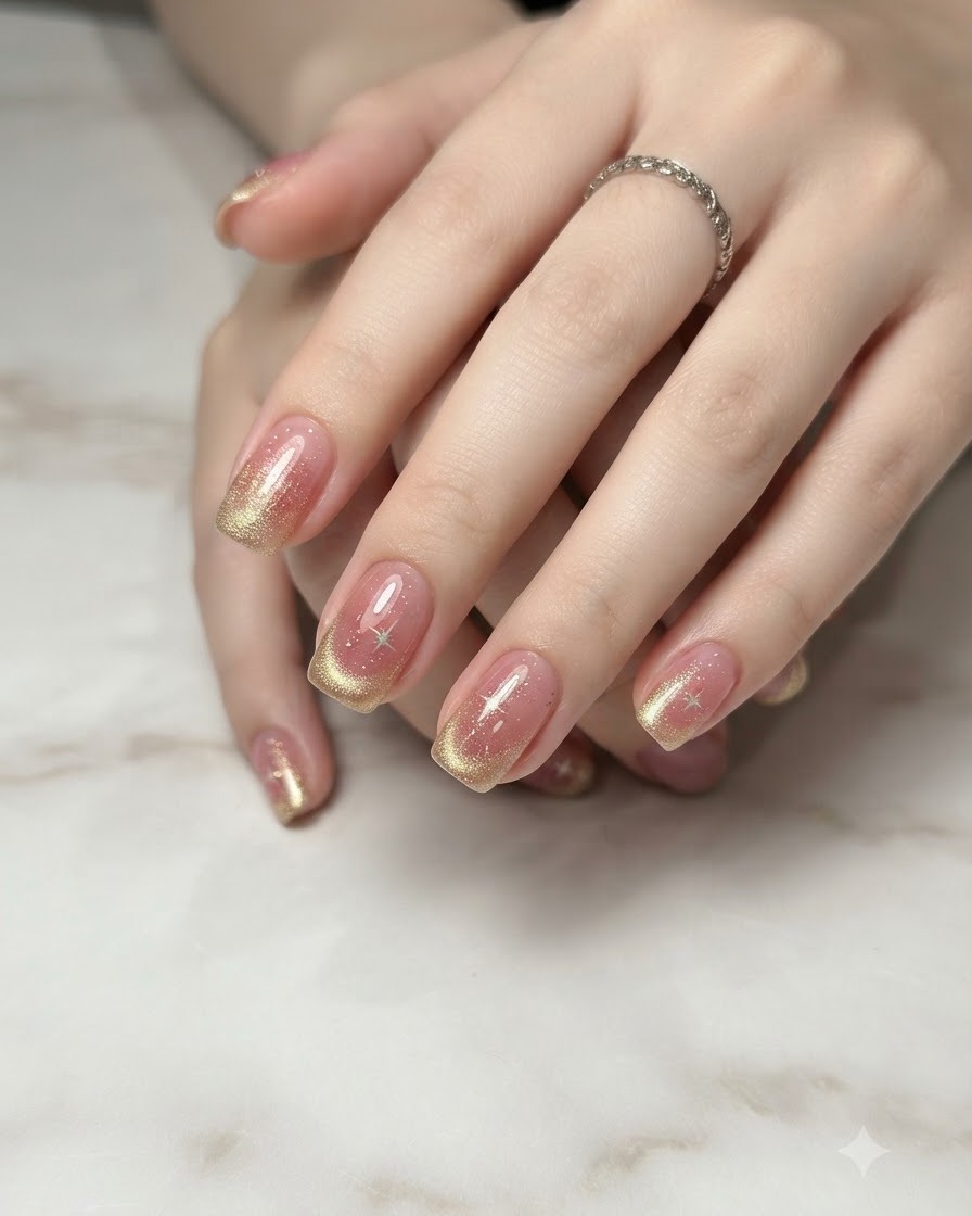 Un primer plano de una mano sosteniendo un bastón magnético sobre las puntas de gel cat-eye dorado.