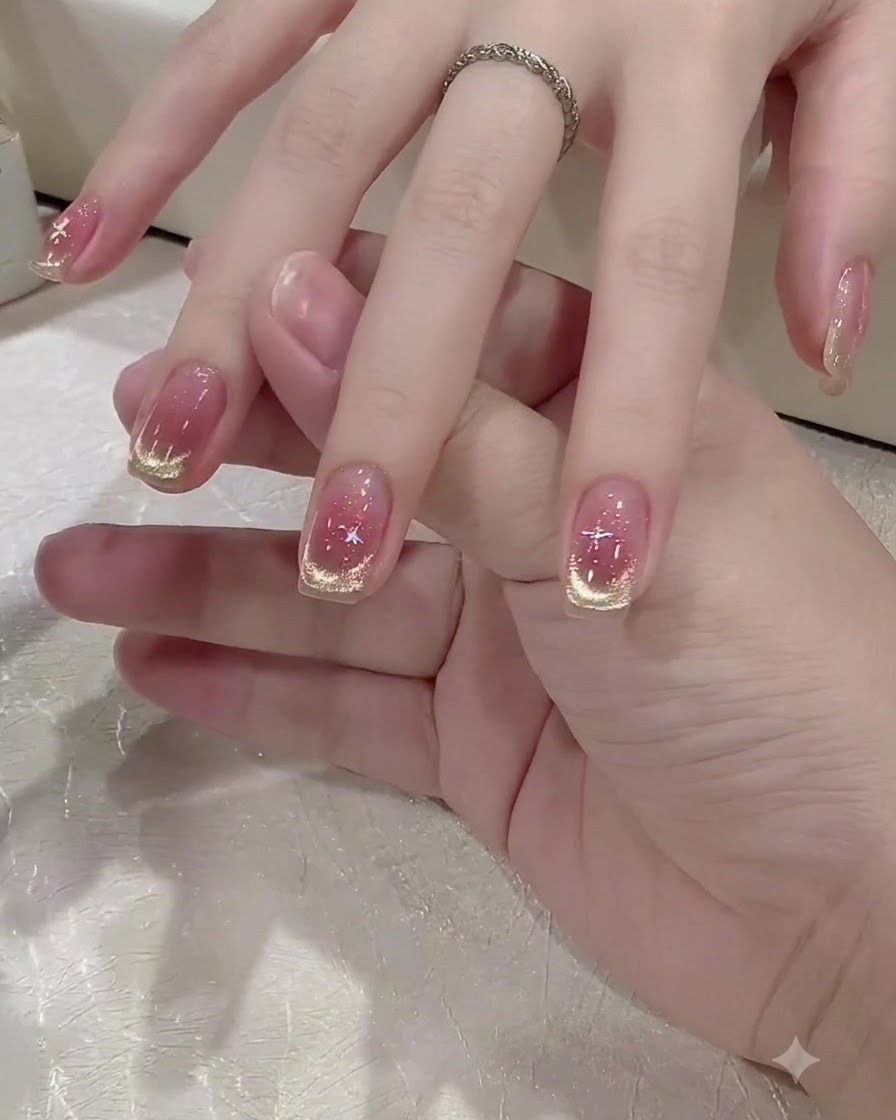 Un pincel de detalle aplicando una pequeña gota de gel adhesivo transparente sobre una uña decorada.