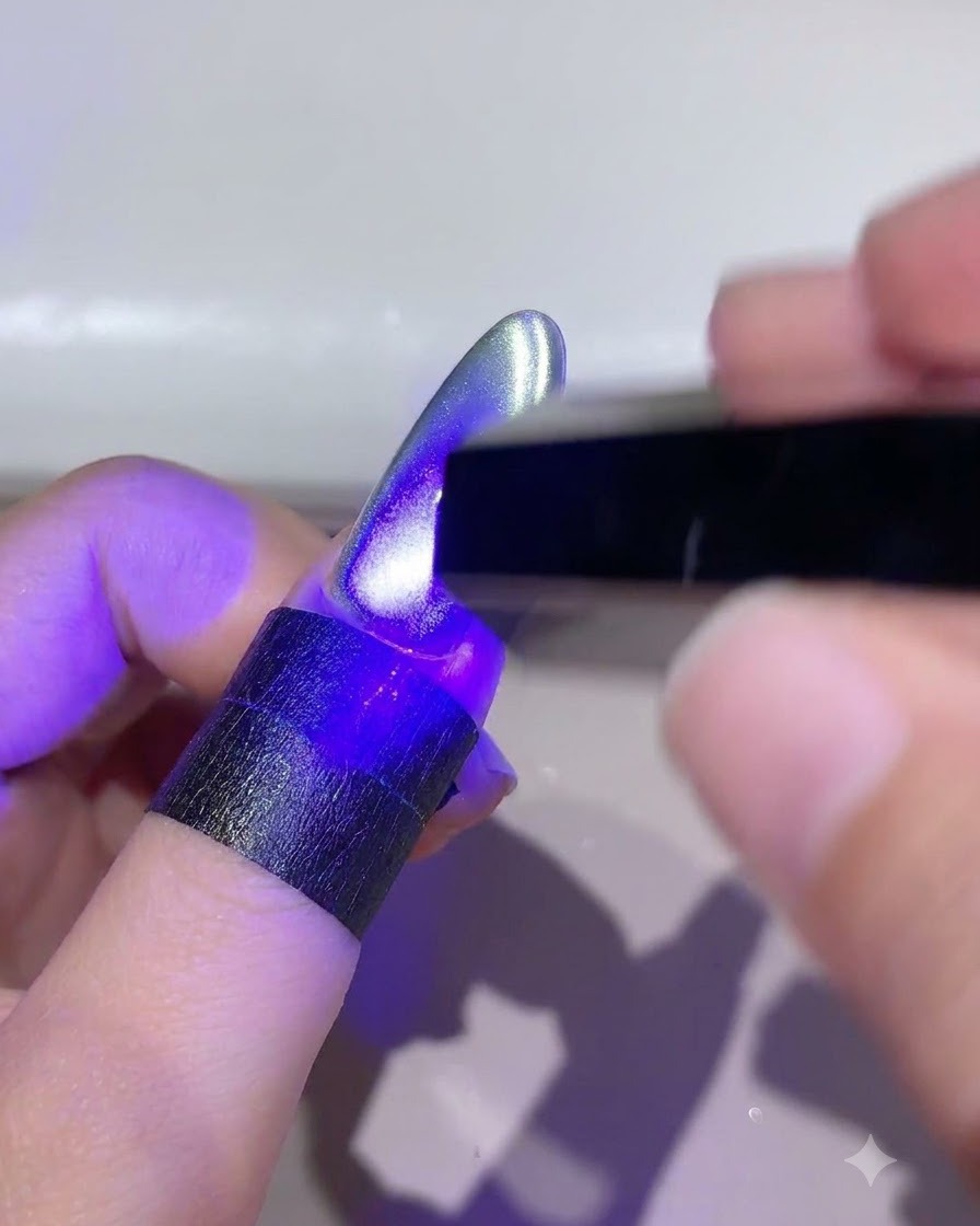 Un dedo bajo una lámpara UV LED curando el diseño de ojo de gato estilizado.