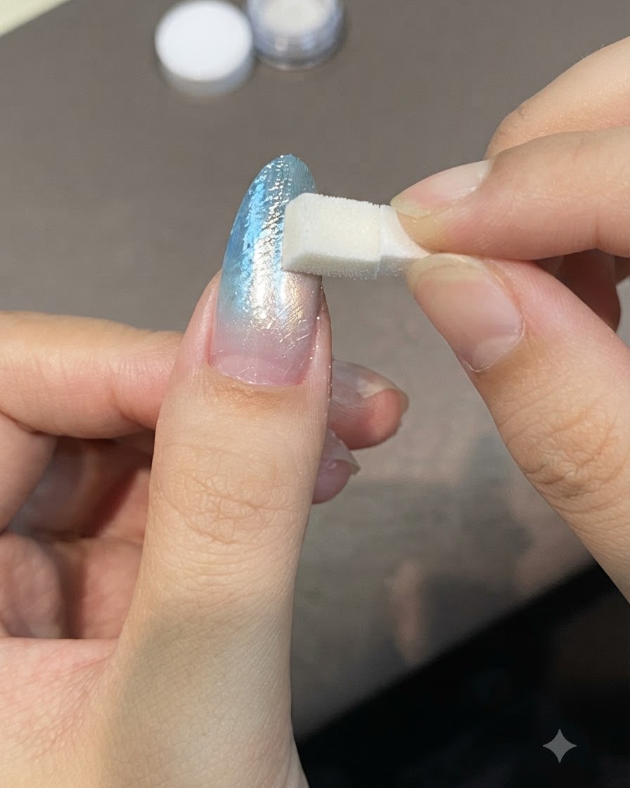 Un pequeño aplicador de esponja aplicando polvo de perla brillante sobre una superficie de uña pulida.