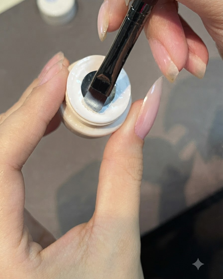Un pincel plano aplicando una capa fina de gel translúcido de ojo de gato sobre la uña.