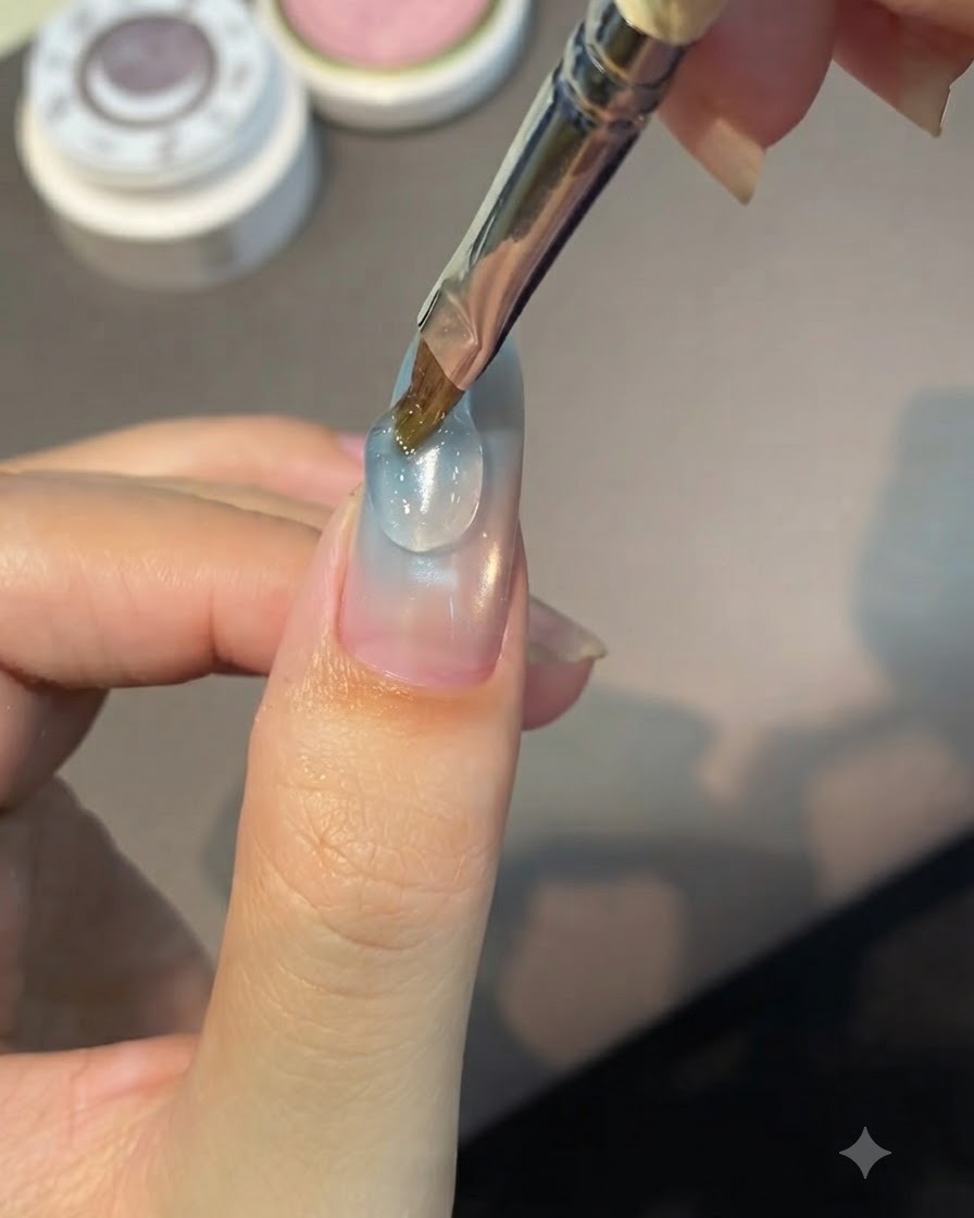 Un pincel de uñas aplicando una gota transparente de gel de esculpido estructurado sobre la superficie de una uña manicurada.