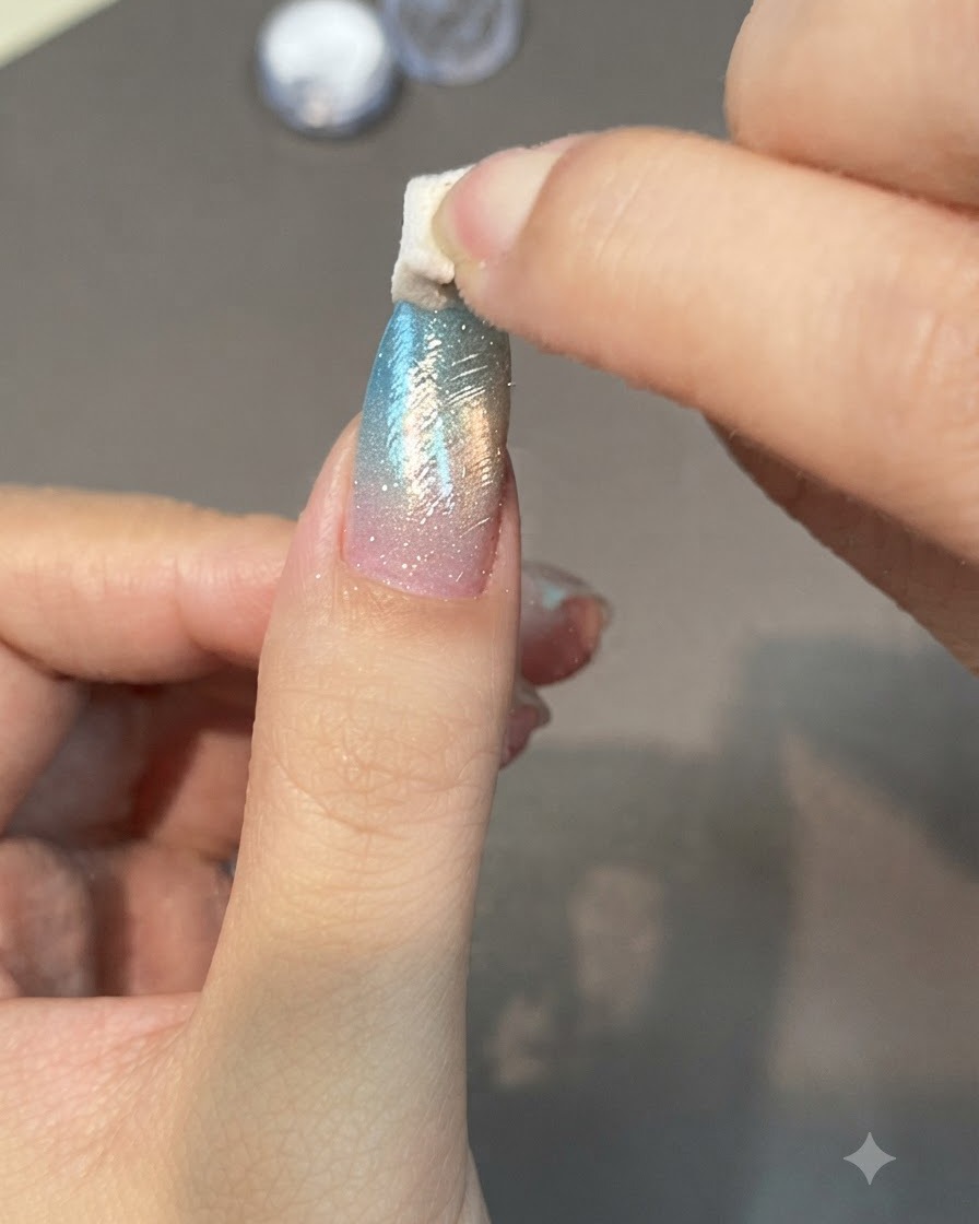 Un aplicador de esponja frotando polvo cromado brillante sobre una uña texturizada con degradado azul y rosa.