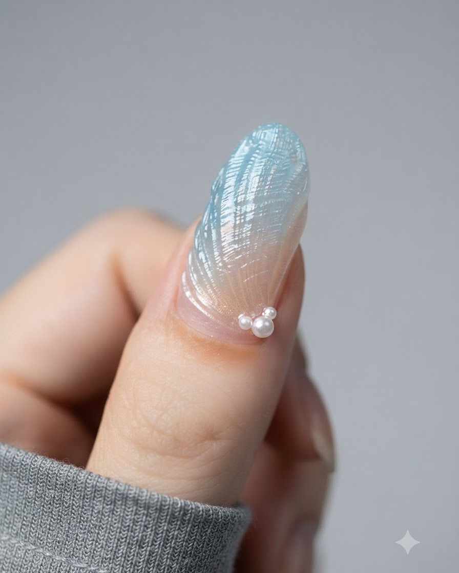 Un pincel aplicando una capa superior selladora sobre una uña texturizada con acabado cromado y detalles de perlas.