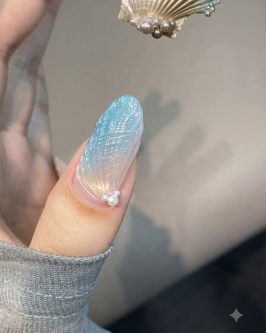 Un pincel delineador fino con gel en frasco cerca de una uña texturizada para definir líneas de concha detalladas.