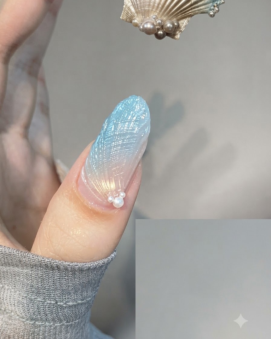Un primer plano de una uña con textura de concha azul terminada con pequeños adornos de perlas colocados ordenadamente cerca del área de la cutícula.