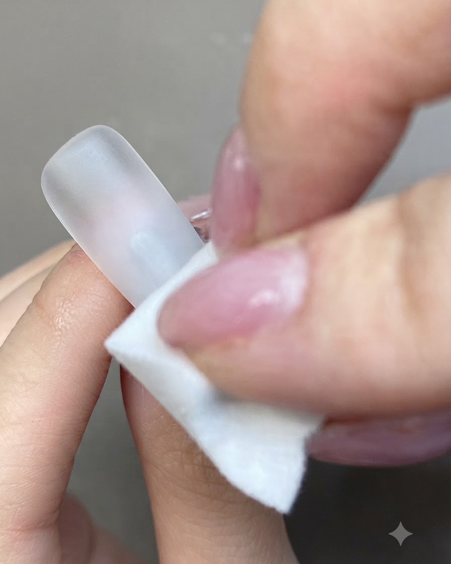 Un algodón con gel blanco siendo aplicado suavemente sobre la punta de una superficie de uña artificial blanca mate.