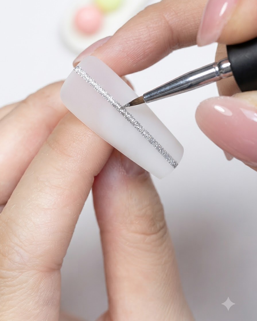 Un pincel fino de nail art dibujando una línea de purpurina plateada sobre una uña artificial blanca mate.