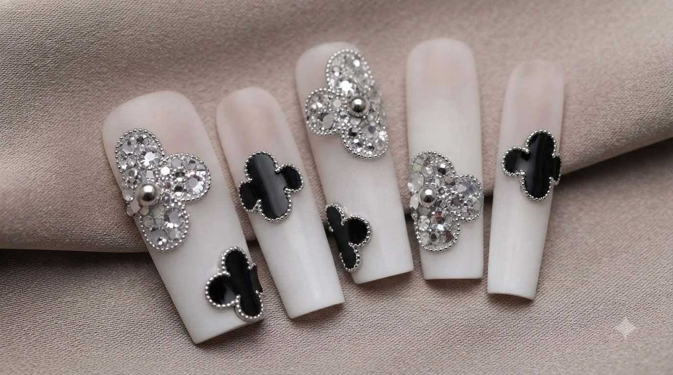 Uñas de Gel con Pedrería y Purpurina Estilo Van Cleef con Tréboles — Tutorial Paso a Paso