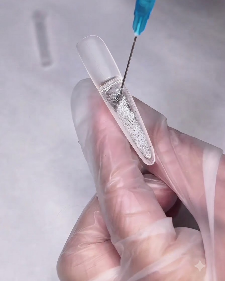 Una aguja de jeringa inyectando aceite transparente en un compartimento sellado de uña con efecto arena movediza.