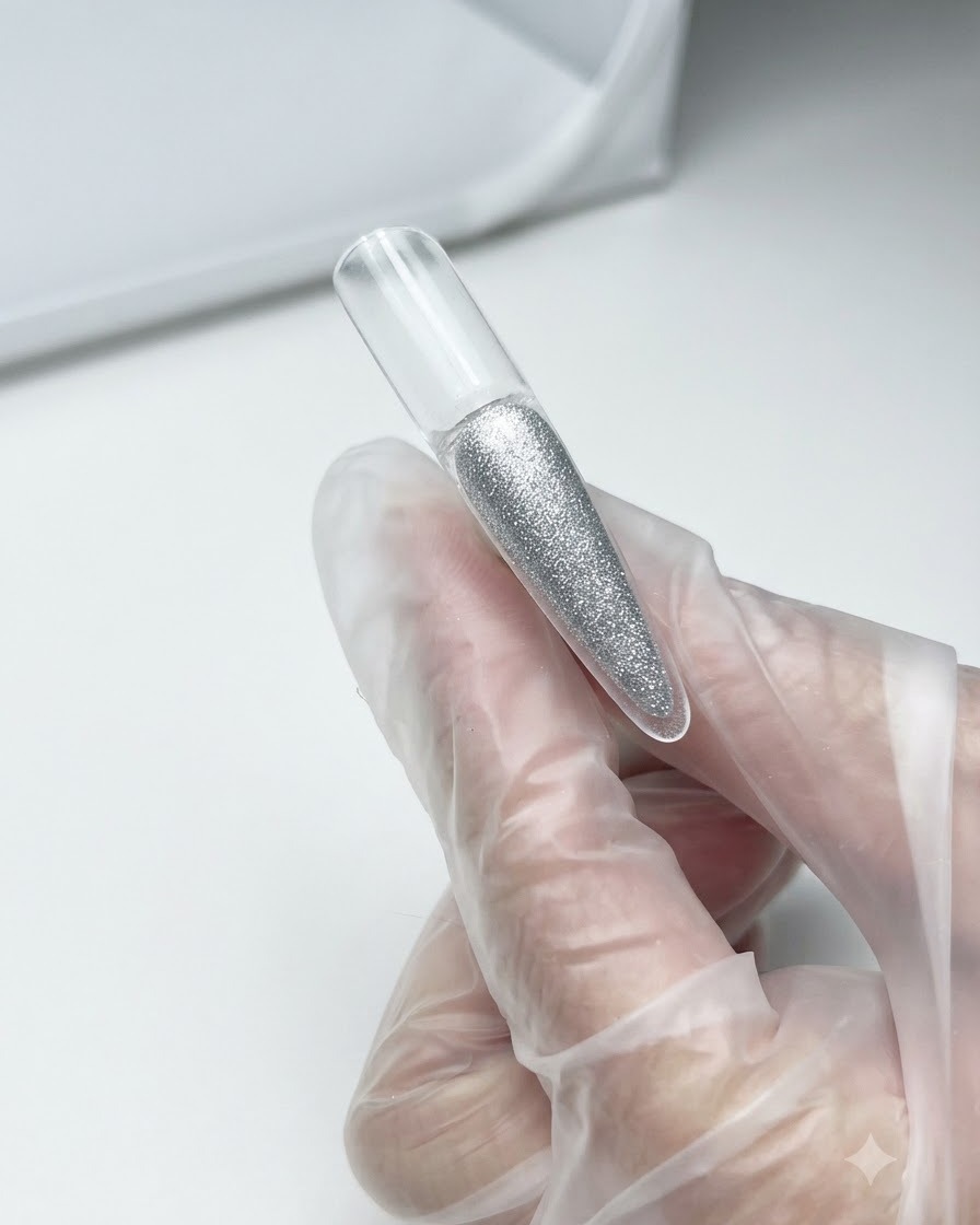 Un pincel para gel aplicando una capa de gel ojo de gato rosa nude en la mitad superior de un tip de uña transparente.