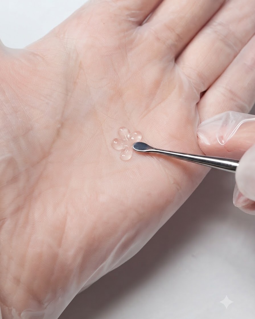 Un empujador de cutículas de metal recogiendo una pequeña perla de gel de esculpido 3D blanco sólido.