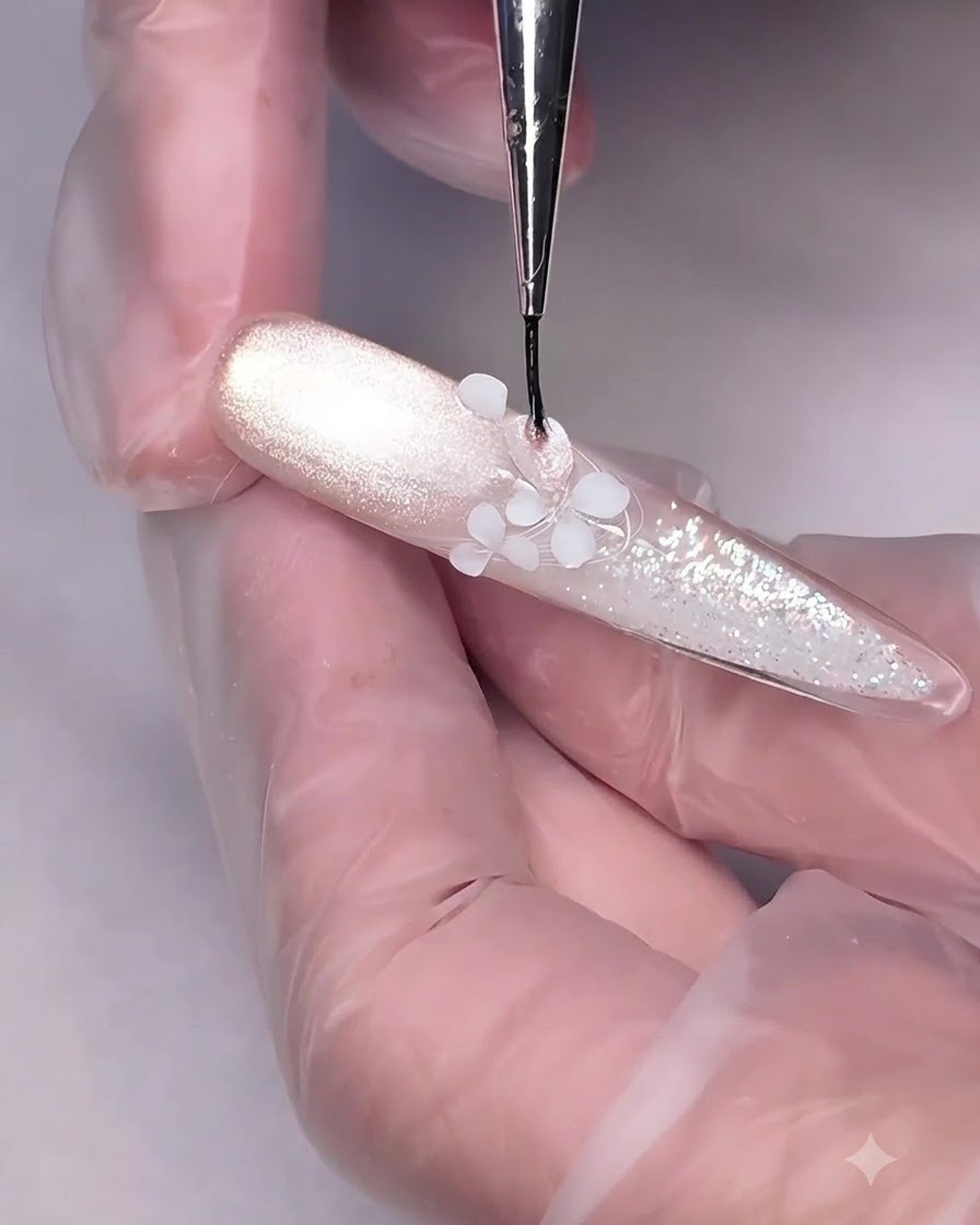 Una vista de cerca de un imán cilíndrico sostenido justo encima de un diseño detallado de arte de uñas floral para atraer el brillo magnético del ojo de gato.