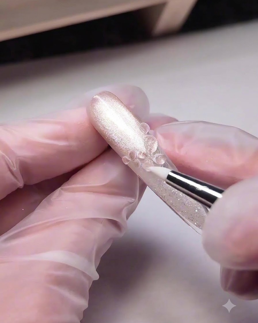 Un pincel de detalle aplicando gel moldeador grueso transparente sobre pétalos esculpidos en 3D para crear un aspecto brillante de flor de hielo.