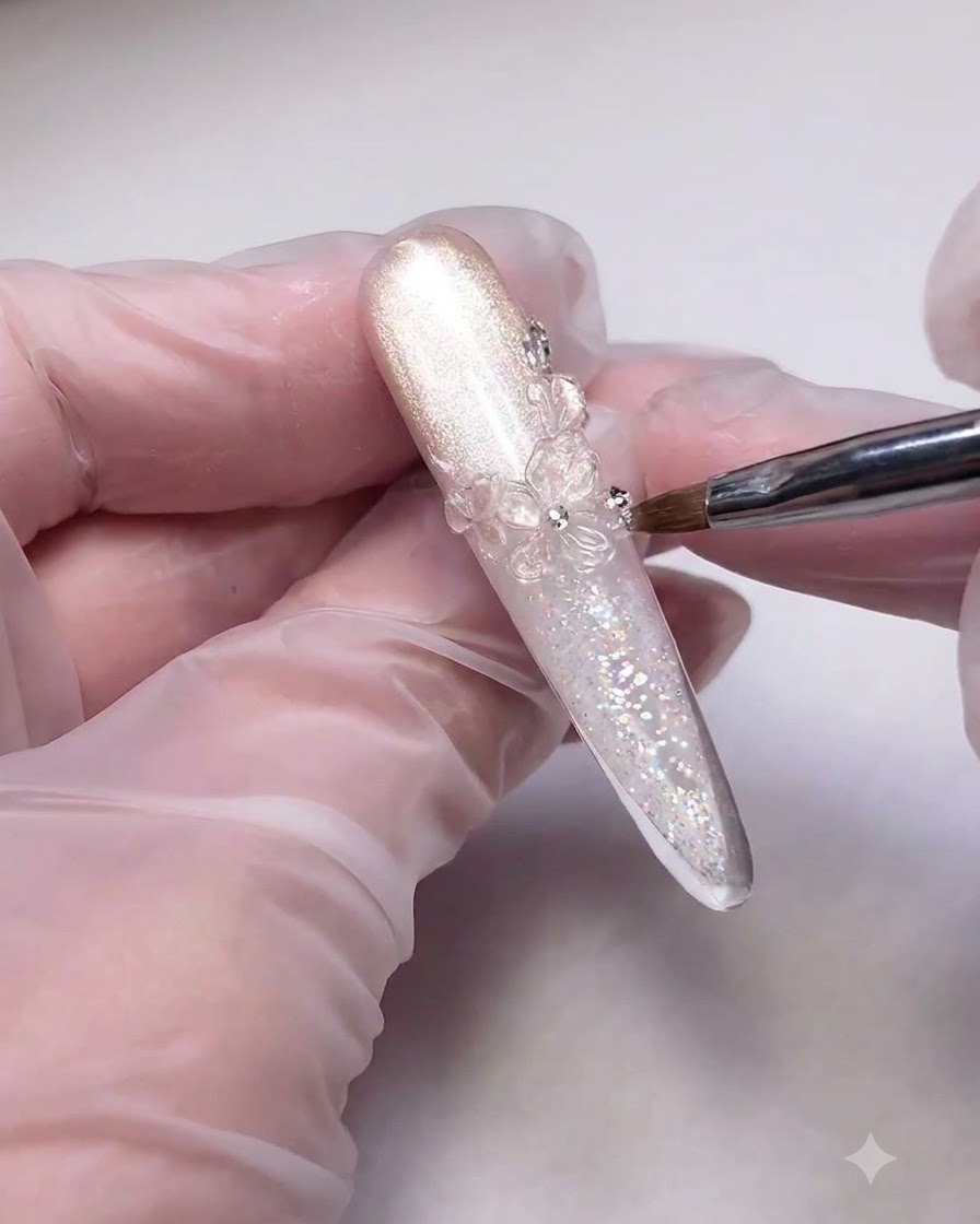 Una herramienta colocando diminutas piedras plateadas y perlas alrededor de un diseño de flor de hielo 3D transparente en un tip de uña brillante.
