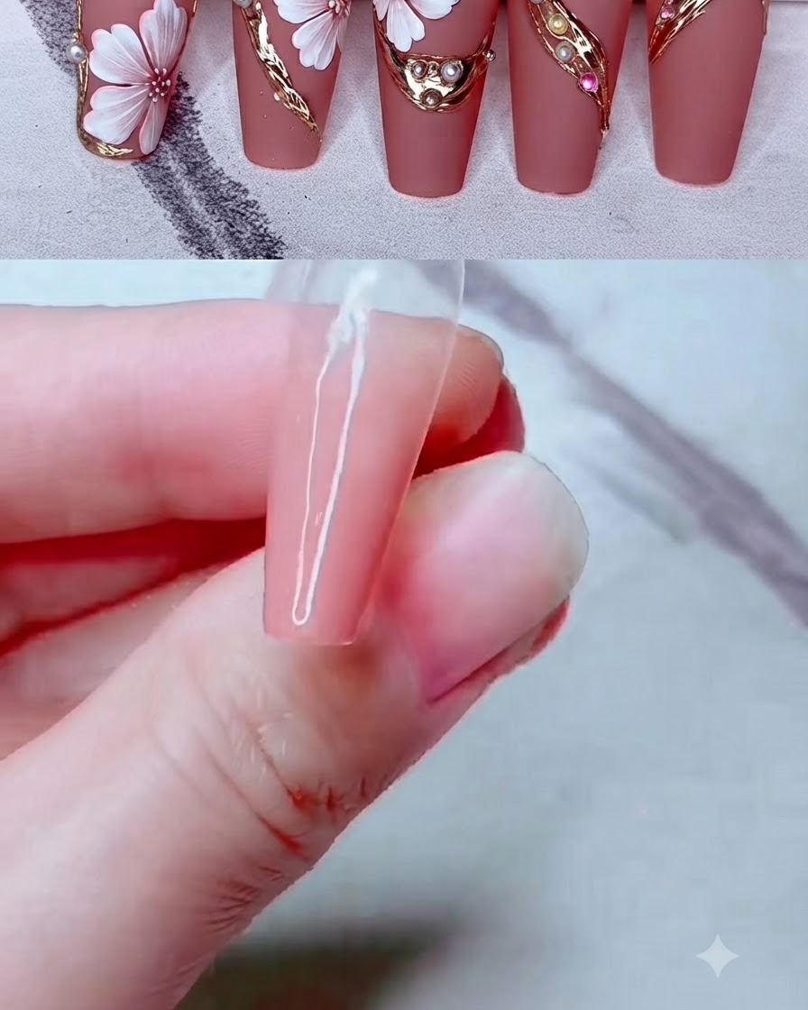 Primer plano de una técnica de uñas aplicando color de gel rosa lechoso sobre una extensión de uña transparente.