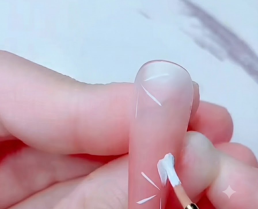 Un pincel para nail art rellenando pétalos blancos de flor de cerezo sobre una base rosa.