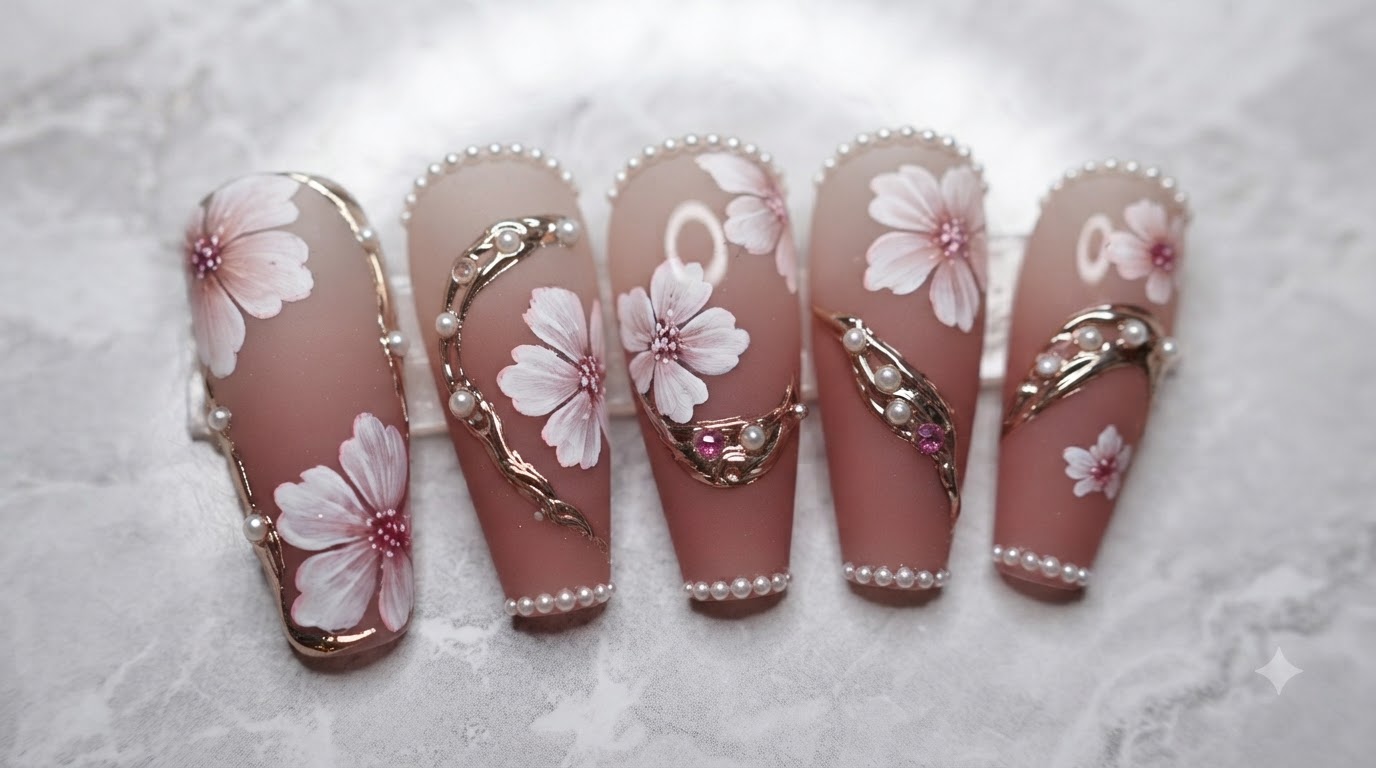 Diseño de Uñas de Flor de Cerezo con Detalles Dorados y Perlas: Tutorial Paso a Paso