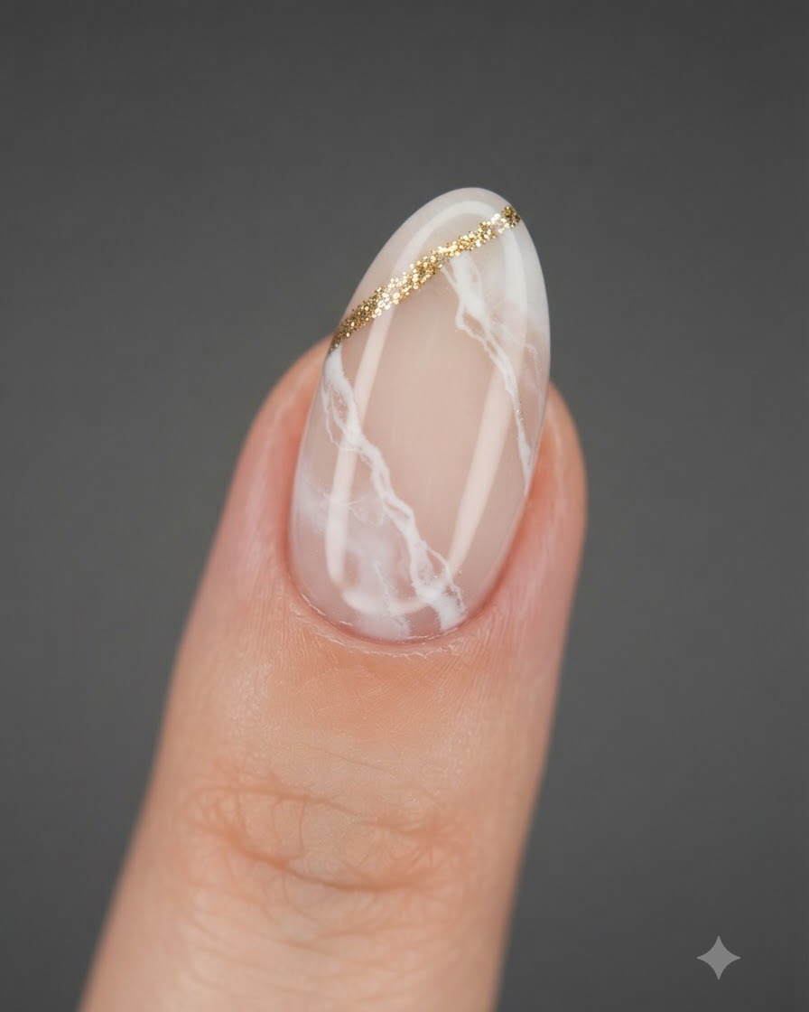 Un pincel aplicando una capa gruesa de capa superior transparente y brillante sobre un diseño de arte de uñas floral terminado.