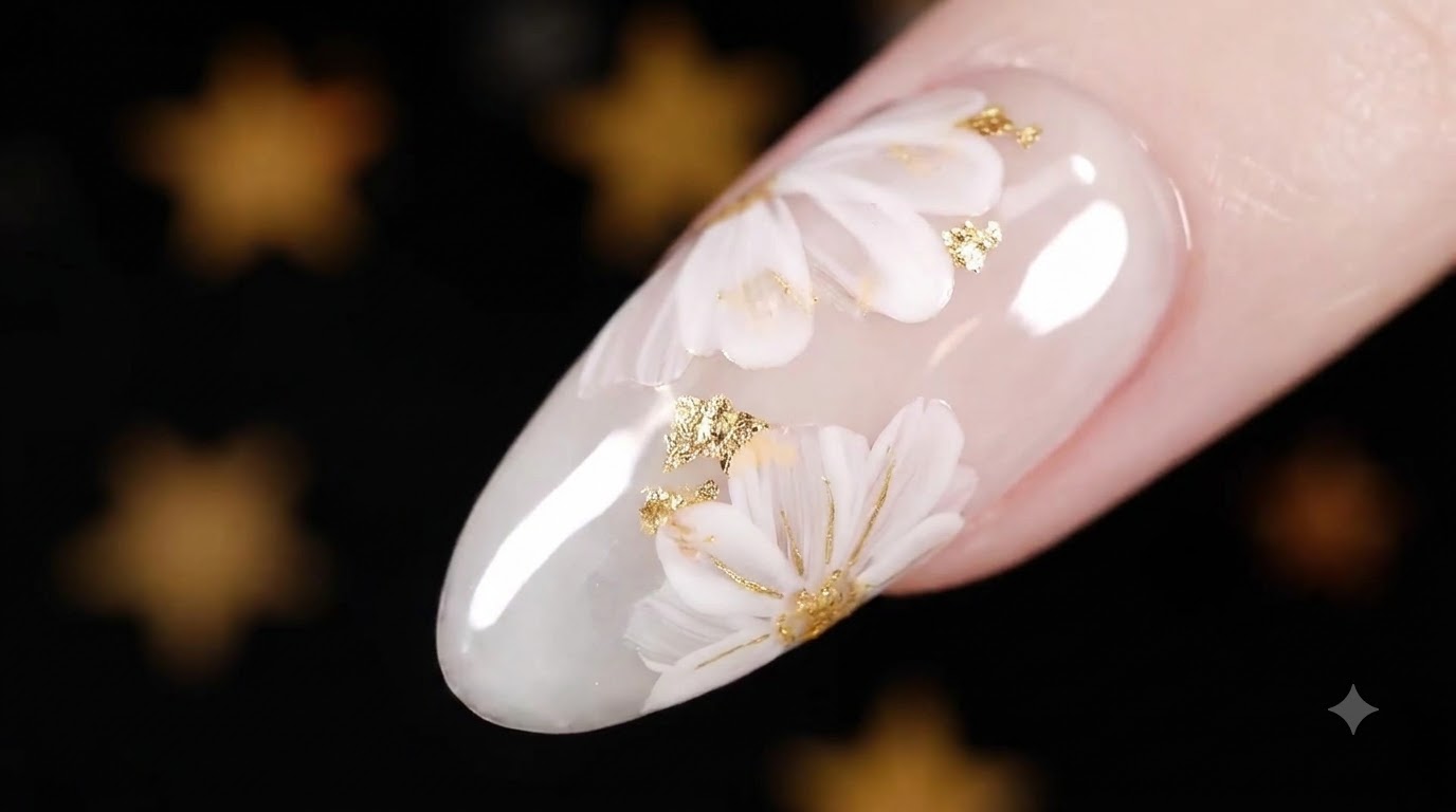 Uñas de Gel con Flores Blancas en Capas y Lámina Dorada — Tutorial Elegante Paso a Paso