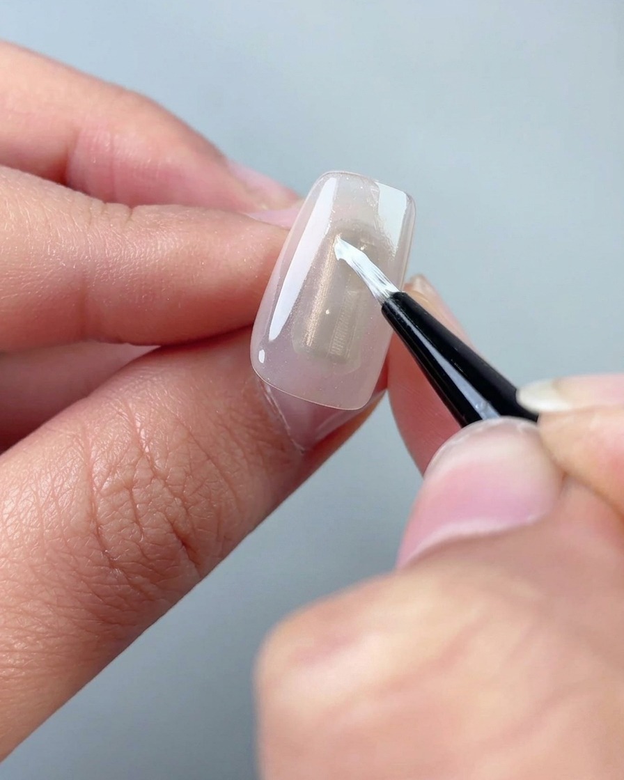 Un primer plano de un pincel fino aplicando gel blanco para formar un pétalo en una uña transparente.