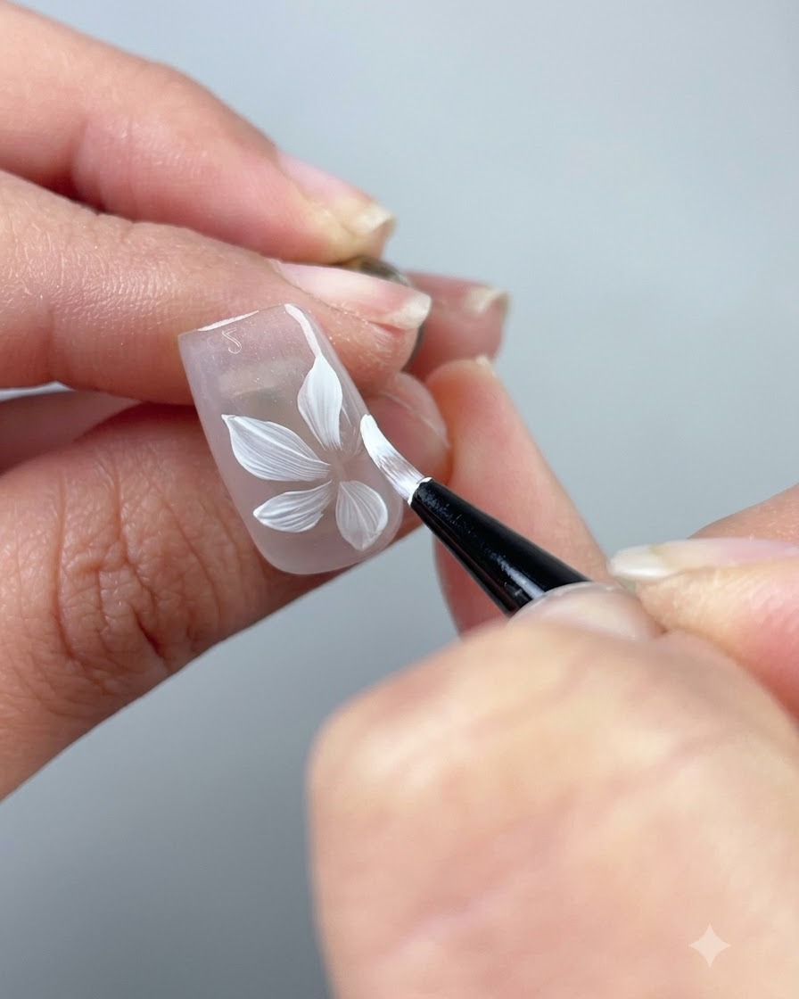 Un primer plano de una flor blanca de cinco pétalos casi terminada pintada en una uña transparente.
