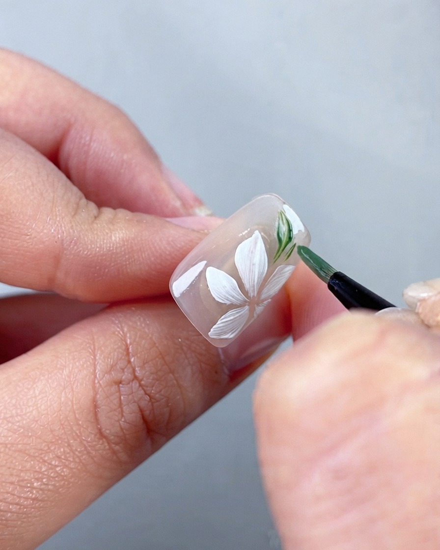 Una vista cercana de la mano de una artista de uñas usando un pincel fino para pintar delicadas hojas verdes al lado de los pétalos de flores blancas en una uña postiza.