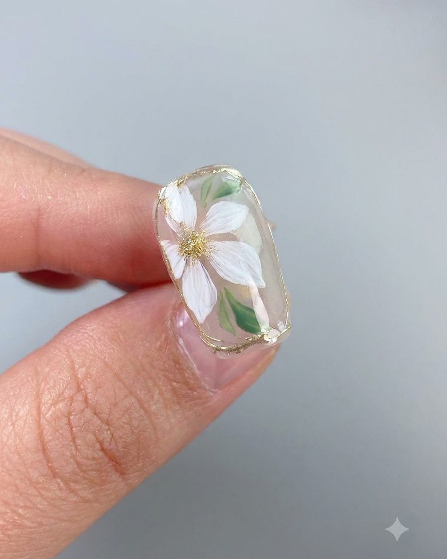 Un pincel que aplica una capa superior brillante final a través de un diseño de arte de uñas floral terminado con una flor blanca y un ribete dorado.