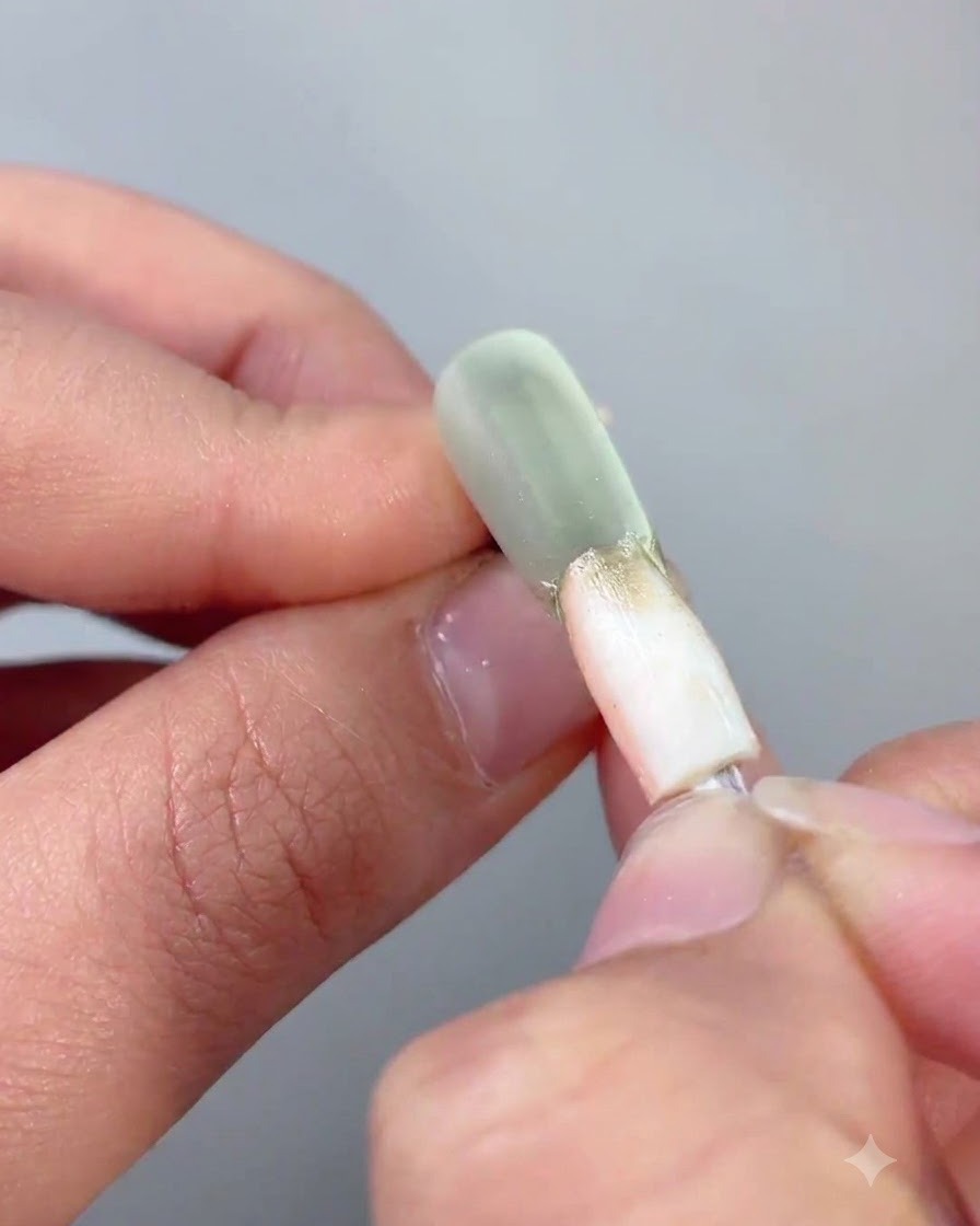 Una herramienta aplicadora que frota polvo de cromo dorado claro en el contorno del perímetro elevado de una uña de gel ojo de gato.
