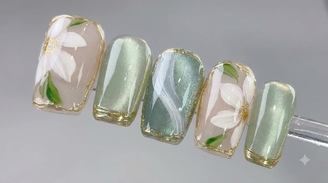 Diseño de uñas con flores de té helado de primavera — Elegante ojo de gato y tutorial floral 3D