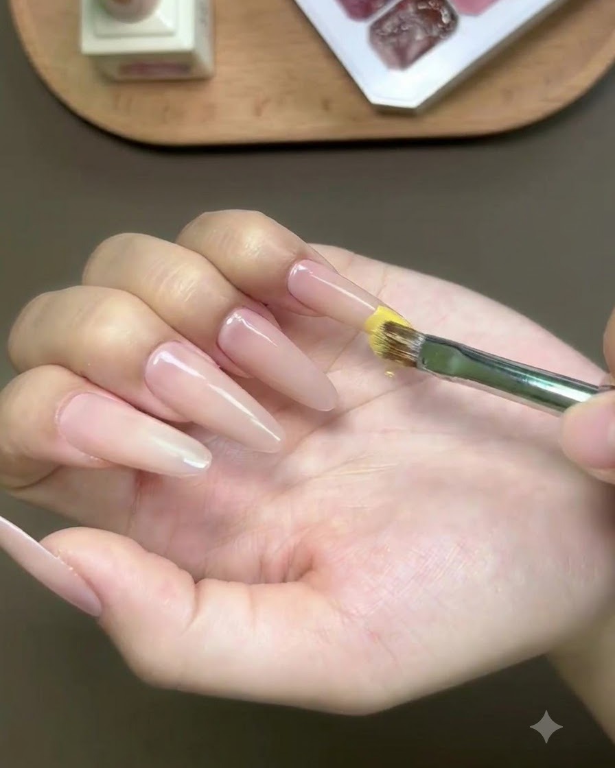 Un pincel aplicando esmalte de gel amarillo en la punta de una uña larga en forma de almendra.