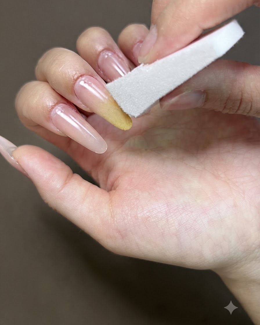 Una esponja utilizada para difuminar el gel amarillo en una uña para un efecto ombré.