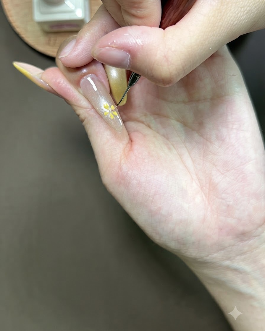 Una mano descansando dentro de una lámpara de uñas UV para curar el arte de uñas floral recién pintado.